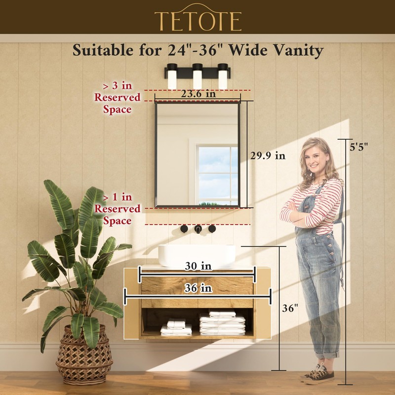 TETOTE Brushed Nickel Bathroom Mirror 24" x 30" Rectangle Beveled
