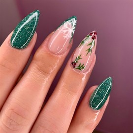 Christmas Press on Nails Medium Almond False Nails Green Fake Nails with Xmas Holly Leaves Design Glitter Glue on Nails Snowflake Acrylic Nails French Tip Stick on Nails for Women 24Pcs