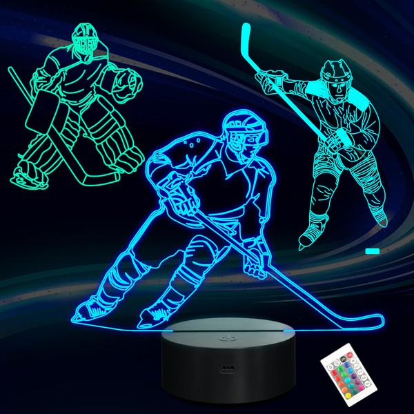 Lampeez 3D Ice Hockey Player Night Light, Illusion LED Lamp(3 Patterns) 16 Colors Changing Remote Control Bedside Home Decor Xmas Birthday Gift for Sport Fan Kid Children