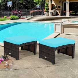 Tangkula 2 Pieces Patio Rattan Ottomans, All Weather Outdoor Footstool Footrest Seat with Soft Cushion, Hidden Zipper, High-Density Sponge, Wicker Ottoman Seat for Patio, Garden, Poolside (Turquoise)