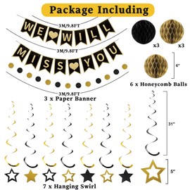 Roetyce Farewell Party Decorations, Black Gold We Will Miss You Banner Hanging Swirls Kit, Going Away/Leaving/Retirement Party Decorations for Men Women, Coworker Friends Goodbye Party Supplies