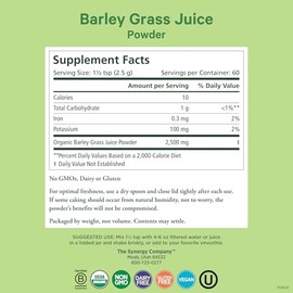 PURE SYNERGY PURE SYNERGY Organic Barley Grass Juice Powder | Chlorophyll-Rich Greens Powder | Organic Cold-Pressed Barley Grass Juice | for Energy, Detox, and Digestion Support (5.3 oz.)