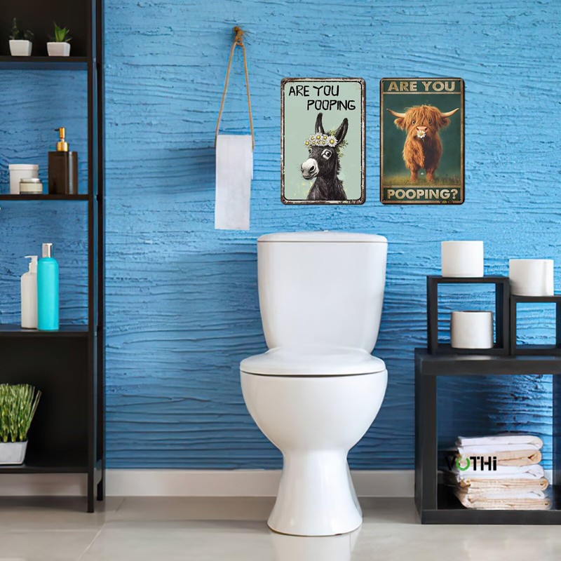 VOTHI Highland Cow Tin Signs ; Are You Pooping;Funny Bathroom