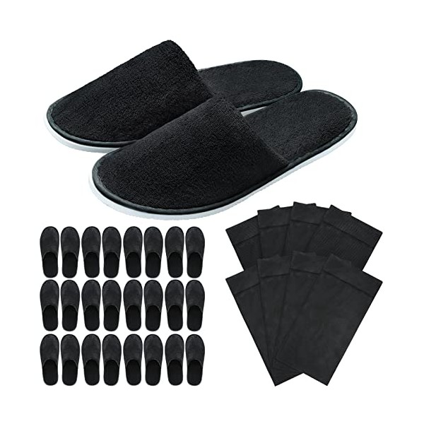 12 Pairs Black Travel Velvet Slippers with 12 Pieces Black Travel Bags Spa Cotton Closed Toe Slippers Thick Comfortable Non Slip Disposable Slipper for Home Hotel Commercial Use, One Size Fits Most