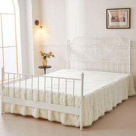 XeGe Faux Fur Bed Skirt with Velvet Platform, Fluffy Bed Skirt with Split Corners, Dust Ruffle Plush Shaggy Wrap Around Bed Skirt 14 Inch Drop, Fuzzy Luxury Bed Skirt Furry Bedspread, Beige, Queen