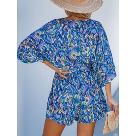 CUPSHE Women's Jumpsuit V-Neck Short Sleeve Romper Leopard Print Wide Leg Short Jumpsuit with Belt Casual Loose Playsuit, blue