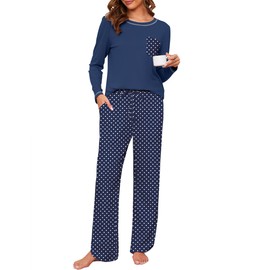 Namatime Cotton Pajamas for Women Set 2 Piece Lounge Sets Print Long Sleeve Soft Pj Set Winter Loungewear Sleepwear with Pockets Postpartum Pajamas Navy Blue XL