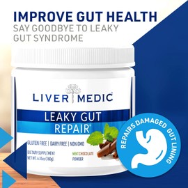 Leaky Gut Repair, Gut L Glutamine Powder, for Optimal Gut Health, Soothes Gut Issues Like Bloating and IBS, Gluten-Free Gut Health Supplements for Women and Men, Mint Chocolate, 180 g - Liver Medic