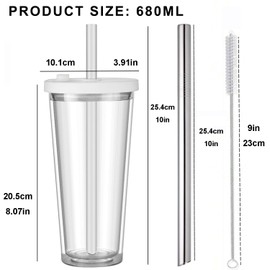 ALINK Bubble Tea Cup, Drinking Cup with Lid and Straw, Leakproof Clear Plastic Bubble Tea Tumbler, Double Wall Insulated Smoothie Tumbler, 680 ml
