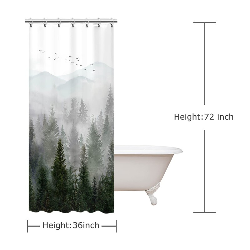 RosieLily Stall Shower Curtain, 36"x72" Inches, Misty Forest Mountain Tree
