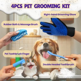 Dog Bath Grooming Kit: Silicone Dog Bathing Shampoo Brush, Pet Shedding Massage Glove, Double-Sided Pet Toothbrushes - Rubber Bath Brush for Long and Short Haired Dogs, Cats and Small Animals