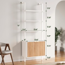 74" Tall Bookshelf with Storage Cabinet, Modern Ladder Shelf with Wood and Metal Frame, Wall Mount Bookcase Open Display Shelf Furniture for Living Room, Bedroom, Home Office, White and Oak