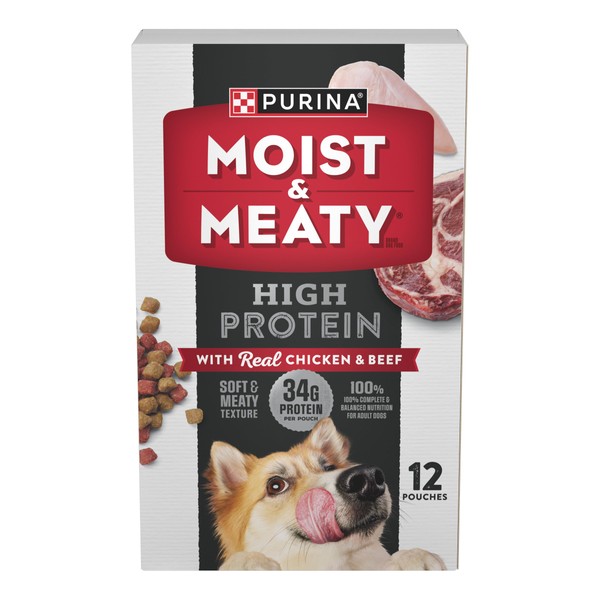 Purina Moist and Meaty High Protein Dry Dog Food With Real Chicken and Beef Dog Food Pouches - 72 oz. Box