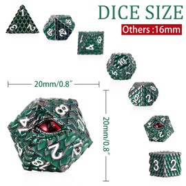 Metal Dice Set D&D,7 PCS Dragon Scale Metallic DND Dice Set,Dragon Eye Metal Dice with Grogeous Gift Case for Dungeons and Dragon Tabletop Game (Dark Green Dragon Scale & Red Eye)