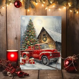 Vintage Christmas Canvas Wall Art, Festive Red Truck and Snowy Barn Scene Canvas Print, Charming Holiday Artwork, Cozy Country Christmas Decor, Retro Winter Aesthetic Holiday Gift, 16x20 Framed