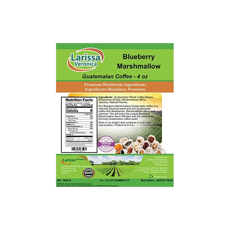 Blueberry Marshmallow Guatemalan Coffee (Gourmet, Naturally Flavored, Whole Coffee Beans)