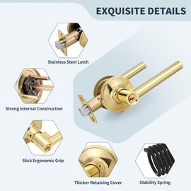 LOQRON Polished Gold Round Style Door Handle with Lock and Key, Keyed Entry Reversible Door Lever for Office or Front Door, Polished Brass Finish
