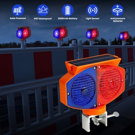 Solar Strobe Warning Light, 3 Working Modes Double Side Red Blue Flash Traffic Lights Wireless Rechargeable Waterproof Safety Barricade Warning Lights for Road Construction (Iron Clamp)