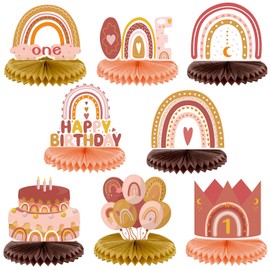 8 Pcs 1st Rainbow Party Decorations Rainbow Centerpieces for Tables Muted Rainbow Party Decor Birthday Table Centerpiece Honeycomb Paper Centerpiece for Birthday Baby Shower Supplies