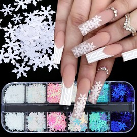 12 Grids 3D Snowflake Nail Glitter Sequins Holographic Laser Snowflake Nail Decals Christmas Nail Glitter Flakes Xmas Pink White Snowflake Glitter for Nails Art Decoration Winter Snow Nail Glitter