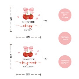 40pcs Cherry Thank You Stickers, She's The Cherry On Top Round Stickers, Thank You Berry Much Round Labels for Bridal Shower/1st Birthday Party Favors