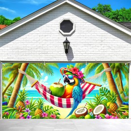 HOMETITUTE 13x6ft Hello Summer Garage Door Cover Summer Backdrop Tropical Beach Fruit Parrot Banners Hawaiian Decoration for Pool Party Indoor Outdoor House Wall Background Decor