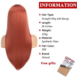 Xtrend 26 Inch Long Copper Red Straight Wigs with Bangs for Women Girls Cosplay Costume Daily Wear Synthetic Wig with Fringe Straight Heat Resistant Synthetic wigs 350#