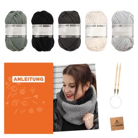 myboshi New Haven Scarf Knitting Set, Includes No.1 Wool, Circular Knitting Needle, Instructions and Label, Knitting Pack for Beginners, 30% Merino Wool, Titanium Grey with Circular Knitting Needle