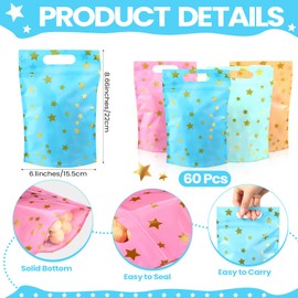 Resholder 60 Pcs Star Sealing Gift Bags with Handles Gold Star Mini Plastic Candy Treat Goodie Bags Bulk for Birthday Wedding Bridal Baby Shower Favors Crafts Supplies