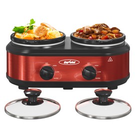 SUNVIVIPRO 2 * 1.25 Quarts Dual Slow Cooker, Buffet Server & Warmer with 2 Removable Ceramic Pots, 3 Adjustable Temp Settings & 2 Visible Glass Lids, Stainless Steel, Red