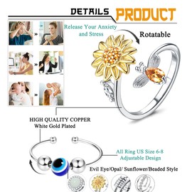 ZELORES 3Pcs Fidget Rings for Anxiety Adjustable Open Stress Relief Stackable Rings Sunflower Spinner Band Ring Set for Women Men