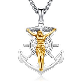 DRINSPER Crucifix Cross Anchor Necklace for Men Women 925 Sterling Sliver 18K Gold Plated Cross Anchor Pendant Jesus Religious Prayer Amulet Jewelry Birthday Gifts