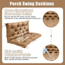 Outdoor Porch Swing Cushion with Backrest - Waterproof Bench Cushion for 2-3 Seater Outdoor Furniture-Thickened Replacement Swing Cushion with Ties for Patio, Backyard, Garden（Light brown40x40）