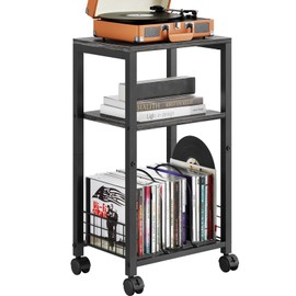 Kalrin Side Table, 3 Tier Moveable End Table, Record Player Stand with Records Shelf, Tall Nightstand for Bedroom, Living Room, Sofa, Office, Bathroom (Modern Grey, Medium)