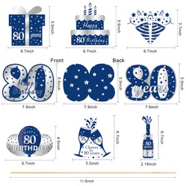 Kauayurk 24Pcs Blue Silver 80th Birthday Decorations Table Topper for Men, Including 24 Pattern Cardboards, Sticks and Adhesive Points, Double-Sided Printing Paper