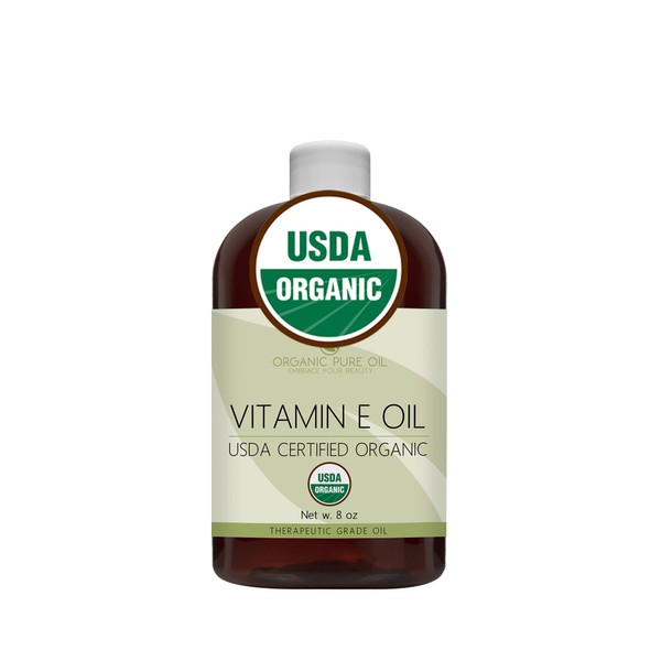 Vitamin E Oil - Organic, USDA Certified Organic, 43,000 IU, 100% Natural Vegan Cruelty-Free, Extra Strength for Face Skin Hair Body Eyelashes Locs Nails-Antioxidant Moisturizer DIY Cream Lotion (8 oz)