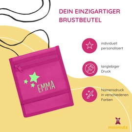 Neck Pouch with Name, Star Motif, Customisable and Printed with Name Print, Children's Purse, Coin Compartment for Children, Boys, Girls with Velcro Fastener for Hanging, Pink