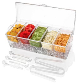 IVYHOME Ice Chilled 5 Compartment Condiment Server Caddy | Fruit Serving Tray | Condiment Pots with 5 Removable Dishes Over 2 Cup Capacity Each and Hinged Lid