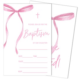 Girls Baptism Invitation with Envelopes, 25 Pack Pink Bow Baptism Invitation Card for Girls, 4x6 ''Christening Invite, Fill In Religious Celebration Baptismal Mass Reception Lunch Brunch Party-DX26