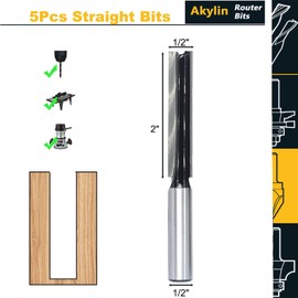 5PCS Straight Router Bits 1/2 Inch Shank, Super Long 2" Cutting Length,Cutting Dia.1/2", Tungsten Carbide Straight Flush Cut Router Bit, for Woodworking Triming, Routing, Plunging, Dadoing