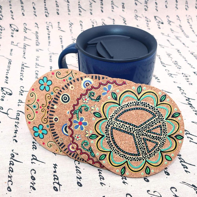 Shiwaki 4 Pack Diameter 4" Cork Round Coasters Set Reusable