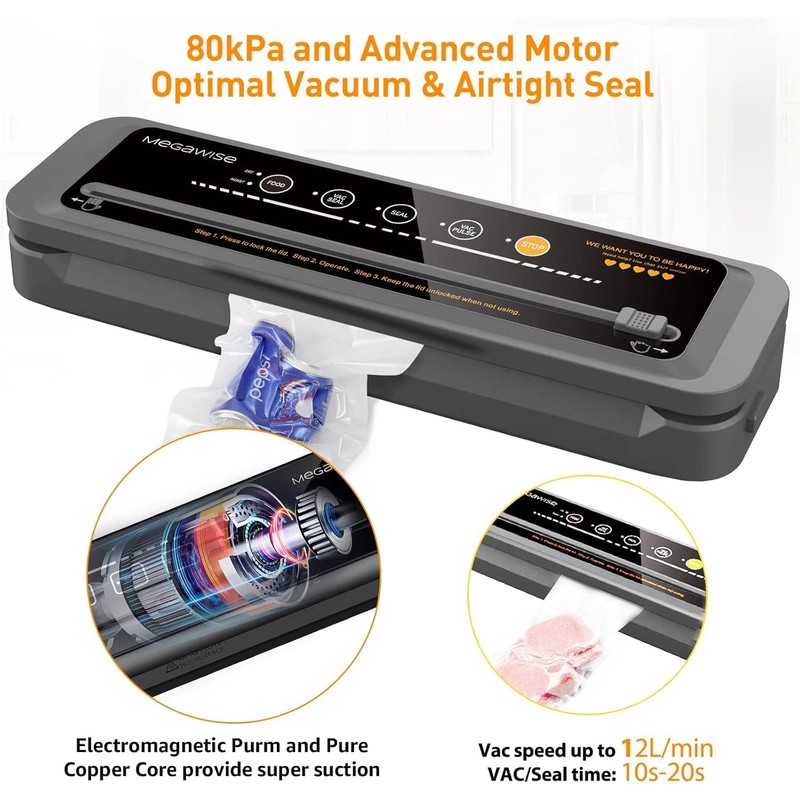 MegaWise Vacuum Sealer Machine | 80kPa Suction Power| Bags and