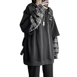 YUESUO Emo Streetwear Vintage Hoodie Women Men Oversized Punk Patchwork Pullovers Grunge Plaid Hoodie Clothes (Black,Medium,US,Adult,Male,Medium,)