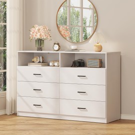 Bigbiglife 6 Drawers Dresser for Bedroom Wooden Dresser with Open Storage Cubby, Double Wide Dresser Organizer for Bedroom, Living Room, Entryway, Hallway (White)