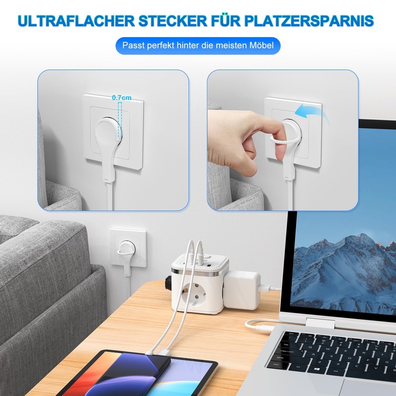 Socket Cube with USB 2 m with Plug Flat