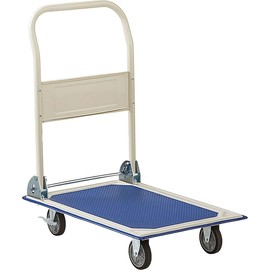 Steel Folding Platform Truck - 300 lb Platform Cart with Fold-Down Handle, Anti-Slip Deck & Brake Casters - Heavy-Duty Utility Dolly for Warehouse, Office, School - Beige/Blue