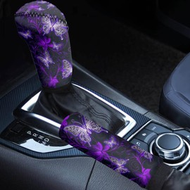 HUISEFOR Butterfly Car Gear Shift Knob Cover Set of 2 Breathable Hand Brake Cover for Women Washable Decorative Car Interior Accessories Universal Fits Most Vehicle 2025