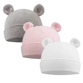 XIAOHAWANG Newborn Hospital Hat Preemie Boys Girls Beanie Cotton Bear Ears Infant Baby Hats 0-6 Months (White+Pink+Gray, 0-6 Months)
