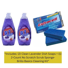 Basics Brillo Dish Soap & No Scratch Scrub Sponge | Clean Lavender Scent | 3-Piece Kit