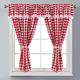 Householdfurnishing Embroidered Kitchen Window Pair Curtains Set Rod Pocket with Attached Valance & Tiebacks (W 48 x L 36 Inch, Red)